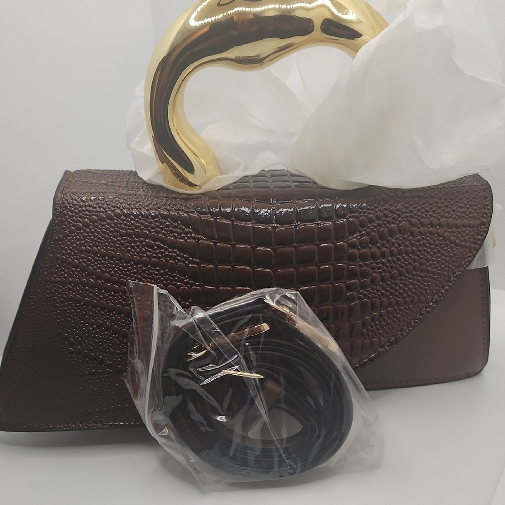 Chic Brown Crocodile-Embossed Clutch with Gold Handle